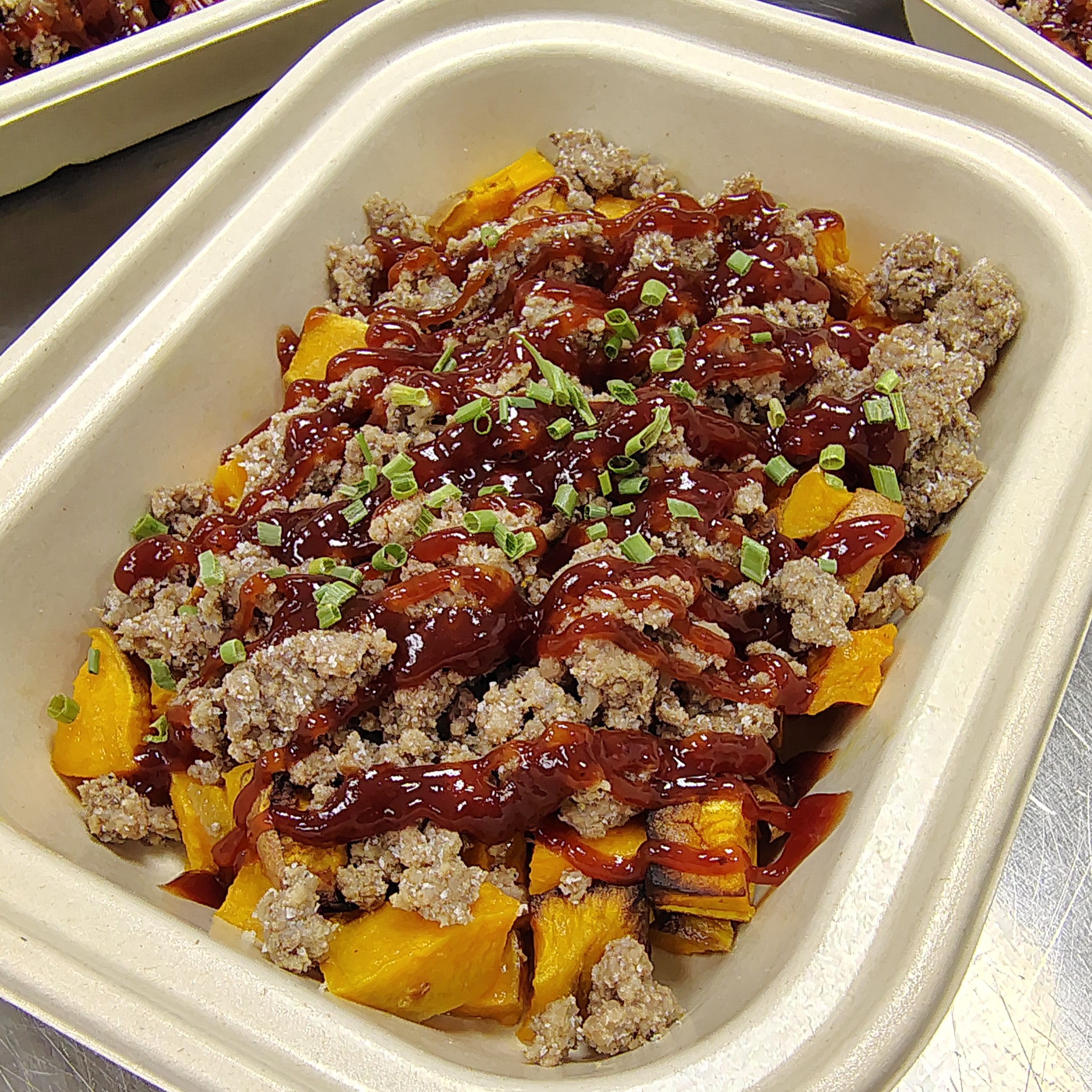 BBQ Burger Bowl with Roast sweet potatoes (Vegetarian BBQ Bean option available)